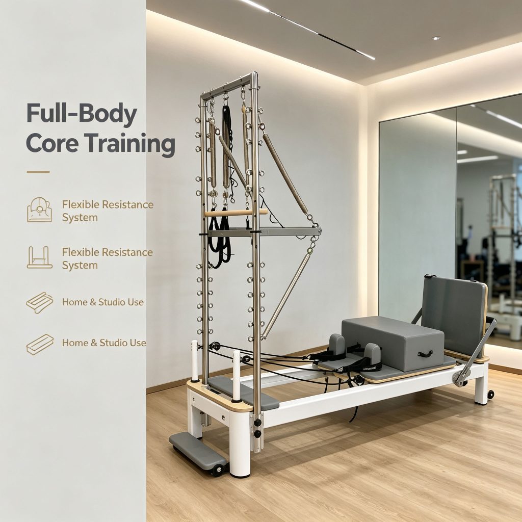 Aluminum Alloy Pilates Cadillac Reformers with Elevated Bed Birch Wood Core Training Machine Equipment Including Pilates Tower