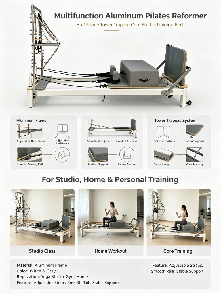 Aluminum Alloy Pilates Cadillac Reformers with Elevated Bed Birch Wood Core Training Machine Equipment Including Pilates Tower