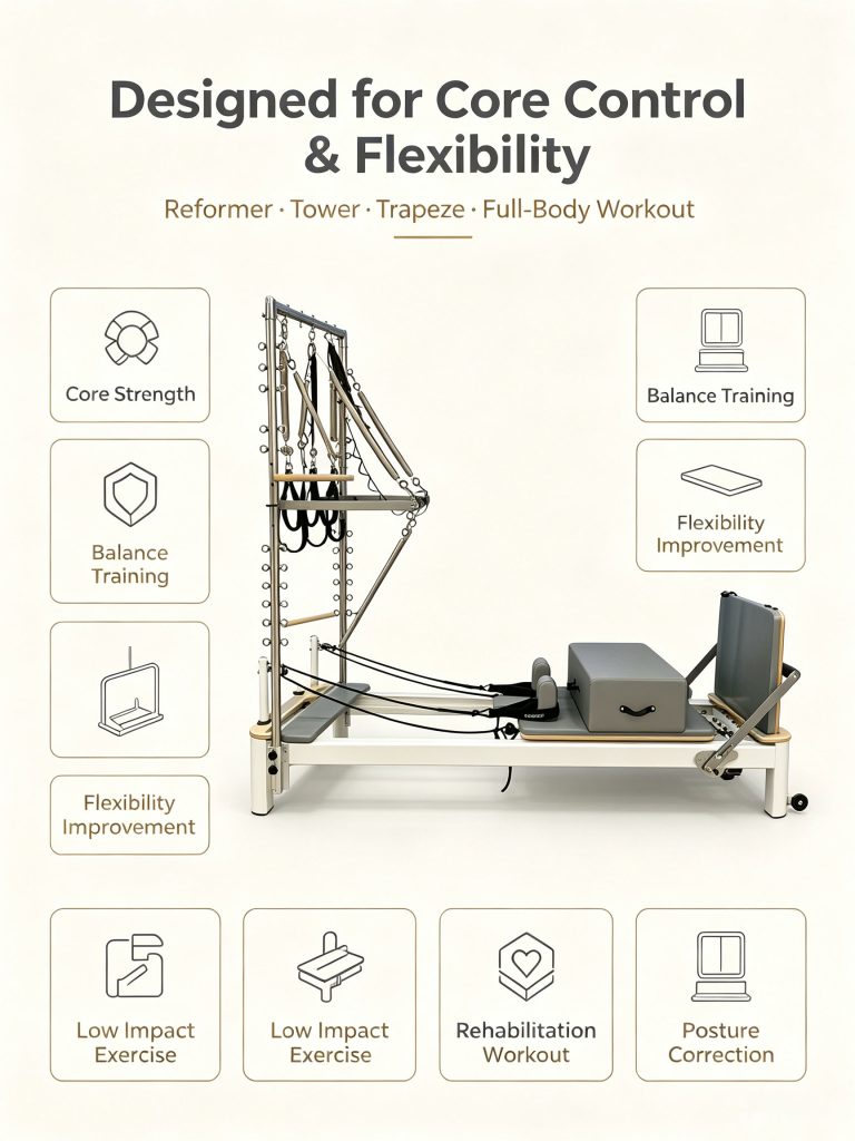 Aluminum Alloy Pilates Cadillac Reformers with Elevated Bed Birch Wood Core Training Machine Equipment Including Pilates Tower