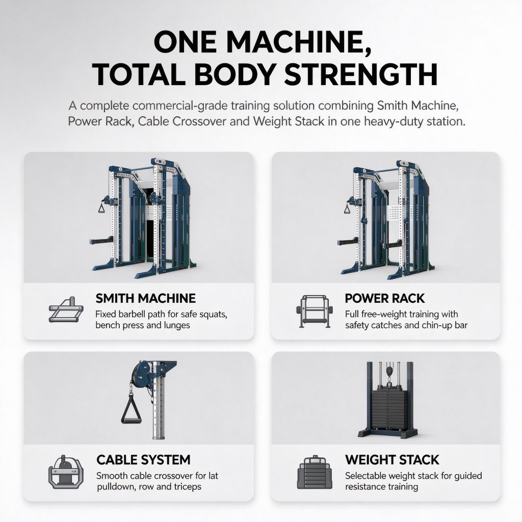 Commercial Smith Machine Power Rack with Weight Stack | Multifunctional Cable Crossover Heavy Duty Metal Gym Strength Equipment