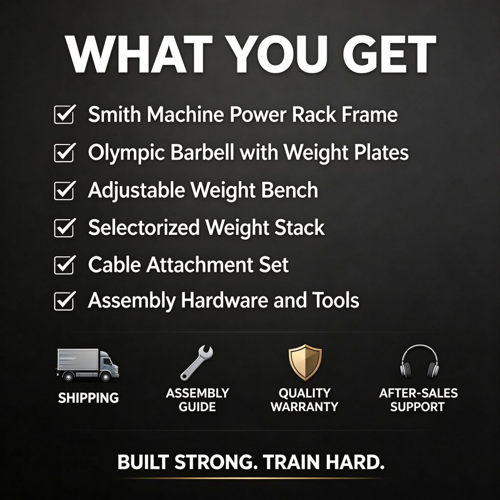 Commercial Smith Machine Power Rack with Weight Stack | Multifunctional Cable Crossover Heavy Duty Metal Gym Strength Equipment